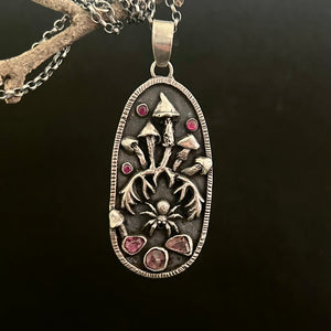 Sterling silver, pink Tourmaline and ruby, Mushroom pendant pendant.