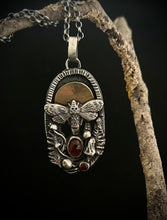 Load image into Gallery viewer, Sterling silver and brass, death head moth and kyanite pendant.