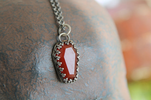 Carnelian Coffin, Sterling silver handmade pedant. Memento Mori, remember you must die.