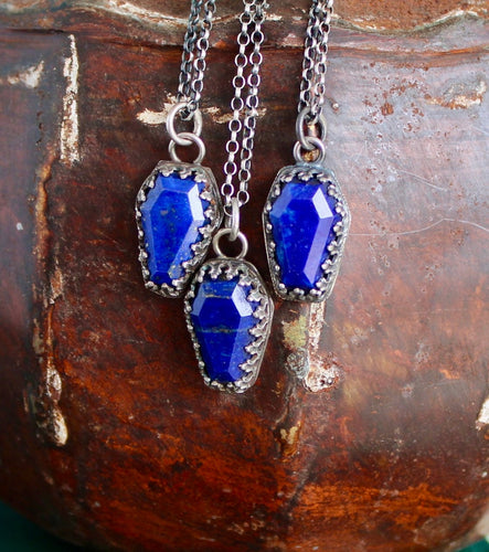 Lapis Lazuli Coffin, Sterling silver handmade pedant. Memento Mori, remember you must die.