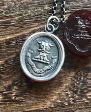 Load image into Gallery viewer, By the Strength Of God, antique wax seal impression, sterling silver, religious, faith, panther, silver necklace, latin, handmade jewellery