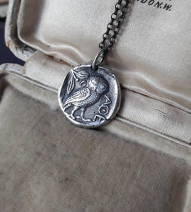 Owl of Minerva, Owl of Athene, goddess warrior. Sterling silver amulet.