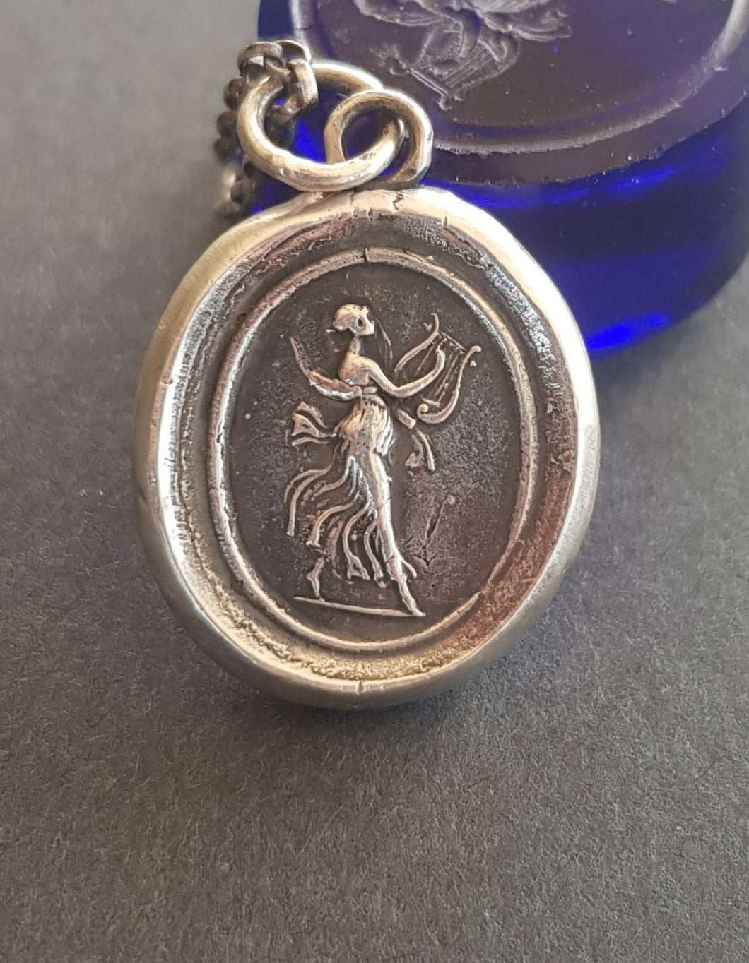 Goddess pendant. Antique wax letter seal jewelry . Sterling  Silver Greek muse pendant. Greek goddess of music, poetry and dance